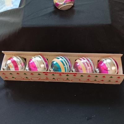 Vintage Shiny Brite Christmas bulbs with stripe design in original carton