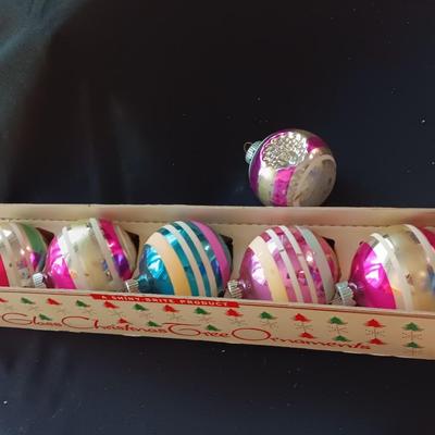 Vintage Shiny Brite Christmas bulbs with stripe design in original carton