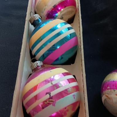 Vintage Shiny Brite Christmas bulbs with stripe design in original carton