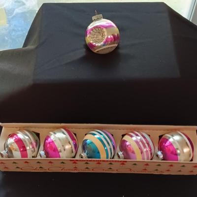 Vintage Shiny Brite Christmas bulbs with stripe design in original carton