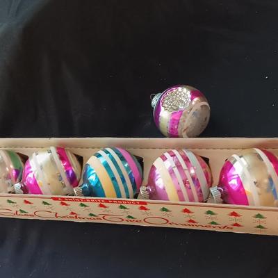 Vintage Shiny Brite Christmas bulbs with stripe design in original carton