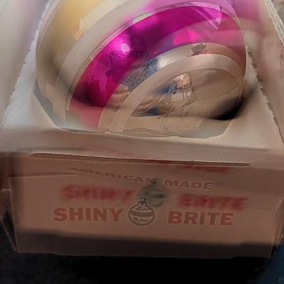 Vintage Shiny Brite Christmas bulbs with stripe design in original carton