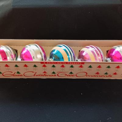 Vintage Shiny Brite Christmas bulbs with stripe design in original carton