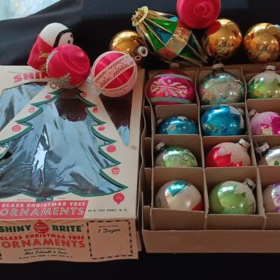 Vintage Shiny Brite Christmas- glass bulbs with designs and other ornaments