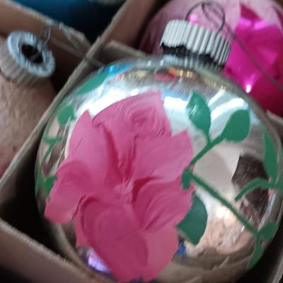 Vintage Shiny Brite Christmas- glass bulbs with designs and other ornaments