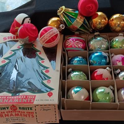 Vintage Shiny Brite Christmas- glass bulbs with designs and other ornaments