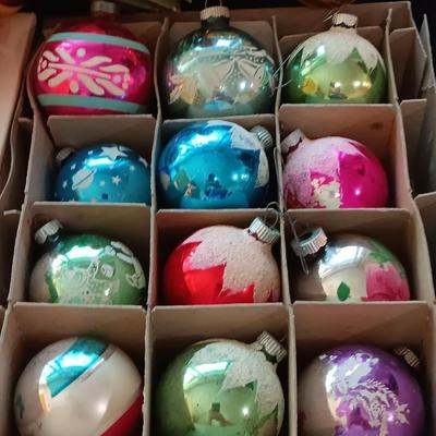 Vintage Shiny Brite Christmas- glass bulbs with designs and other ornaments
