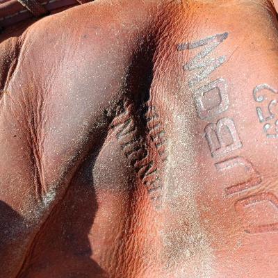Old Baseball glove with baseball MARKED DEBOW 652 Genuine leather.