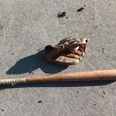 Louisville Slugger I25J Wooden baseball bat with Wilson glove and a ball