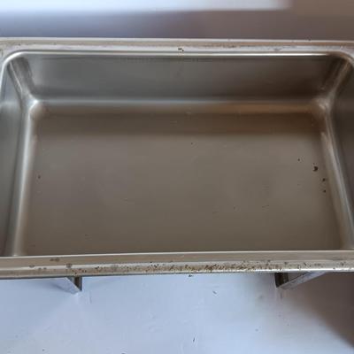 Stainless steel sterno dual burner heat warming pan with lid and inserts.