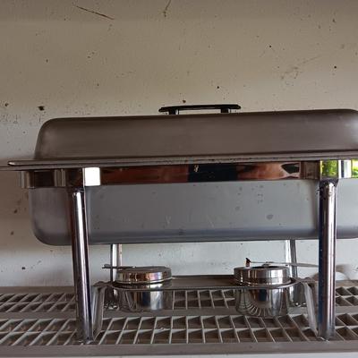 Stainless steel sterno dual burner heat warming pan with lid and inserts.