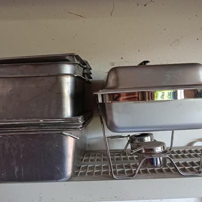 Stainless steel sterno dual burner heat warming pan with lid and inserts.