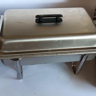 Stainless steel sterno dual burner heat warming pan with lid and inserts.