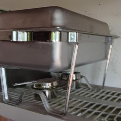 Stainless steel sterno dual burner heat warming pan with lid and inserts.