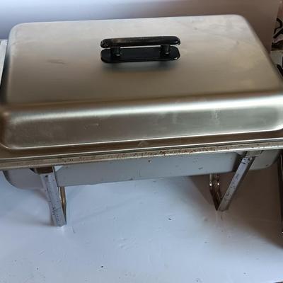 Stainless steel sterno dual burner heat warming pan with lid and inserts.