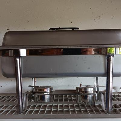 Stainless steel sterno dual burner heat warming pan with lid and inserts.