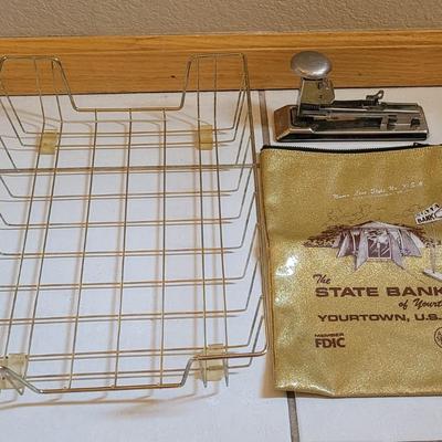 Vintage Stapler, Bank Bag and Wire Paper Tray