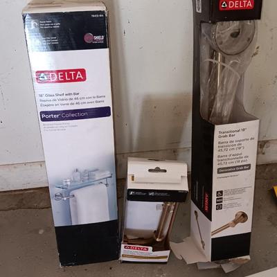Delta bathroom accessories 18" glass shelf with bar, toilet paper holder, and support bars all new