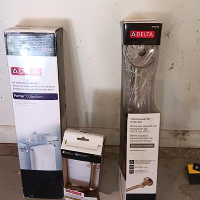 Delta bathroom accessories 18" glass shelf with bar, toilet paper holder, and support bars all new