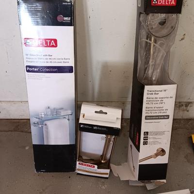 Delta bathroom accessories 18" glass shelf with bar, toilet paper holder, and support bars all new