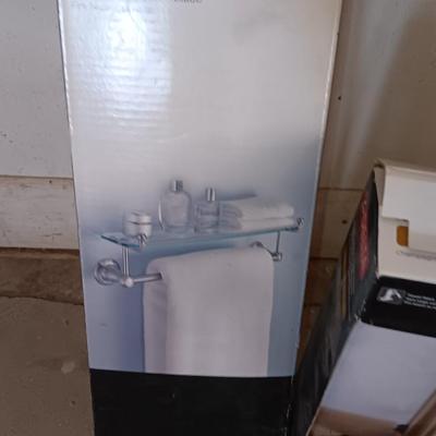 Delta bathroom accessories 18" glass shelf with bar, toilet paper holder, and support bars all new