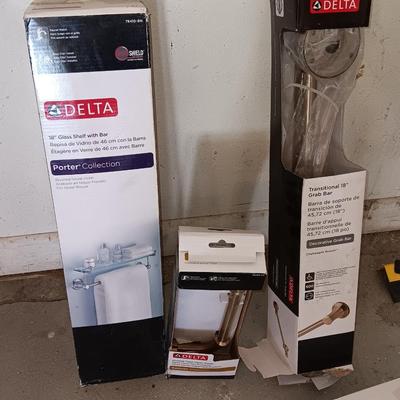 Delta bathroom accessories 18" glass shelf with bar, toilet paper holder, and support bars all new