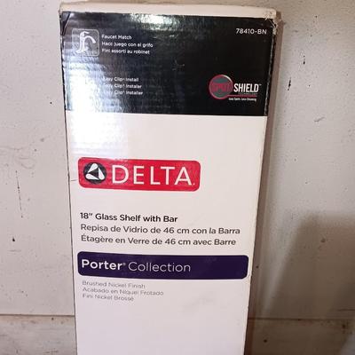 Delta bathroom accessories 18" glass shelf with bar, toilet paper holder, and support bars all new