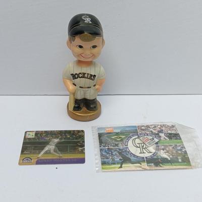 Colorado Rockies Bobble head with CR Pin and Larry Walker #33 collectible card