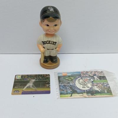 Colorado Rockies Bobble head with CR Pin and Larry Walker #33 collectible card