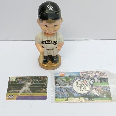 Colorado Rockies Bobble head with CR Pin and Larry Walker #33 collectible card