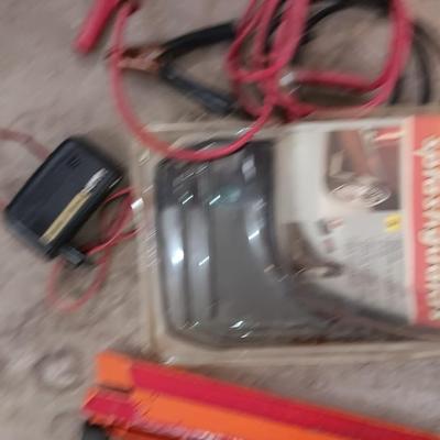 Automobile items - Jumper cables- new mud flaps -Good fire extinguisher wheel covers and more