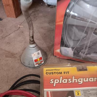 Automobile items - Jumper cables- new mud flaps -Good fire extinguisher wheel covers and more