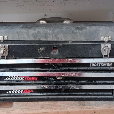 Old Craftsman toolbox with an assortment of tools
