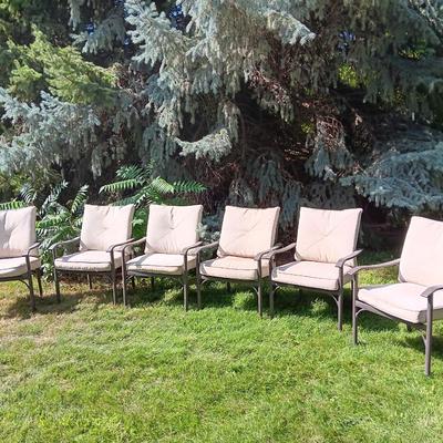 Patio set with table, six chairs and umbrella
