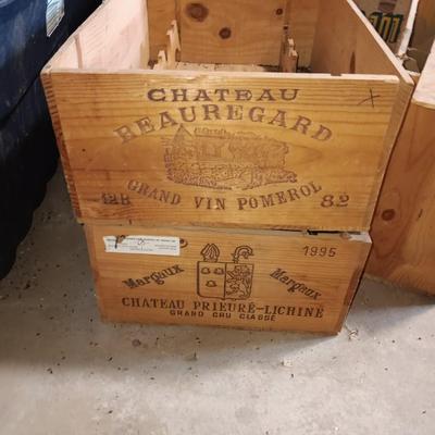 Two wooden wine crates Chateau Beauregard 82' and Chateau Prieure 1995