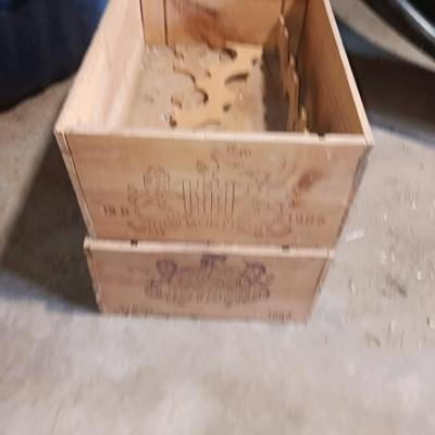Two wooden wine crates Cheau Montrose 85' and Chau Cos 1988