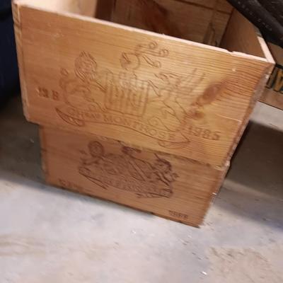 Two wooden wine crates Cheau Montrose 85' and Chau Cos 1988