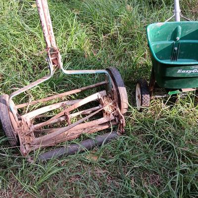Vintage metal Push mower yard decor with Scott's easy green spreader