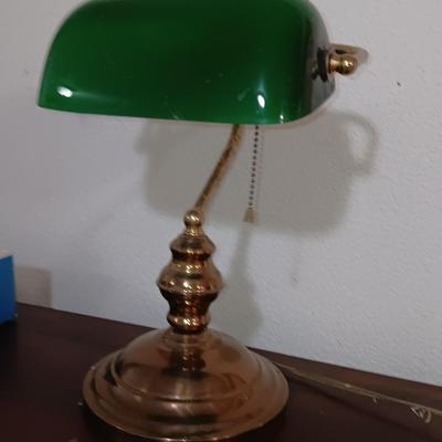 Vintage BRASS Desk/Banker Style Lamp with Adjustable Glass Green Lampshade.