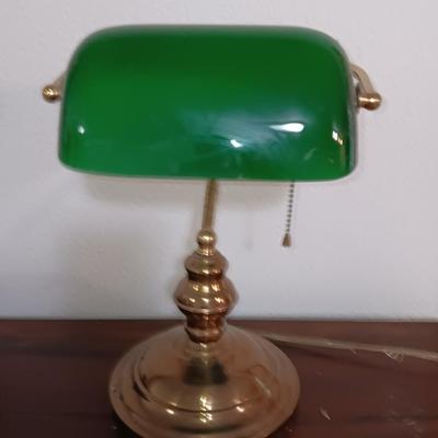 Vintage BRASS Desk/Banker Style Lamp with Adjustable Glass Green Lampshade.