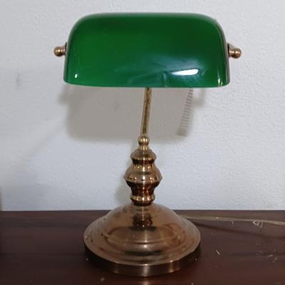 Vintage BRASS Desk/Banker Style Lamp with Adjustable Glass Green Lampshade.