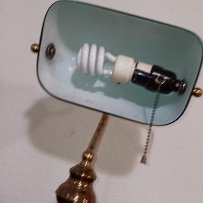 Vintage BRASS Desk/Banker Style Lamp with Adjustable Glass Green Lampshade.