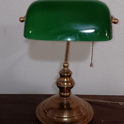 Vintage BRASS Desk/Banker Style Lamp with Adjustable Glass Green Lampshade.