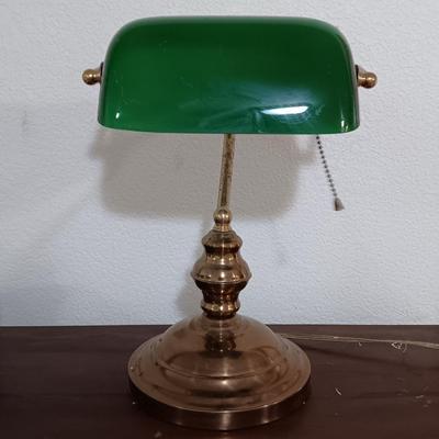Vintage BRASS Desk/Banker Style Lamp with Adjustable Glass Green Lampshade.