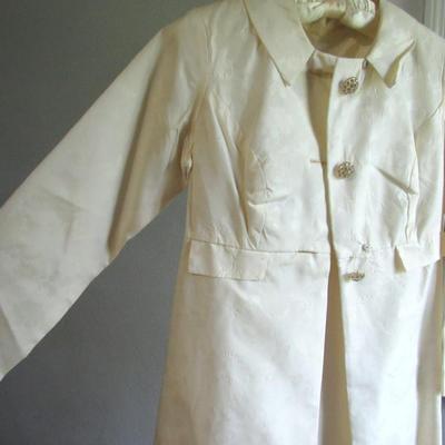 Lot 101: Vintage Women's Long Over Coat, Rhinestone Buttons, Ivory Colored