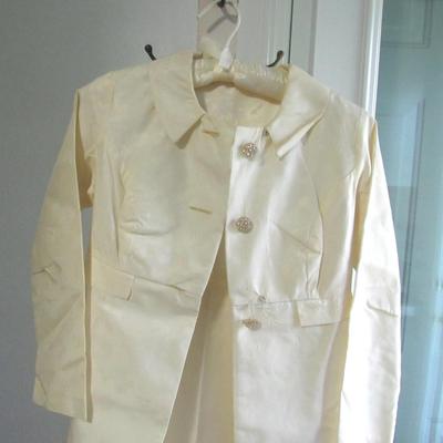 Lot 101: Vintage Women's Long Over Coat, Rhinestone Buttons, Ivory Colored