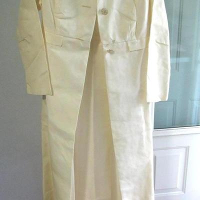 Lot 101: Vintage Women's Long Over Coat, Rhinestone Buttons, Ivory Colored