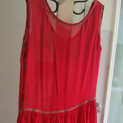 Lot 103: Stunning Vintage Flapper Style Sheer Red Dress, Beaded, Metallic Braided Trim