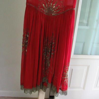 Lot 103: Stunning Vintage Flapper Style Sheer Red Dress, Beaded, Metallic Braided Trim