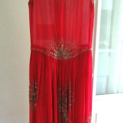 Lot 103: Stunning Vintage Flapper Style Sheer Red Dress, Beaded, Metallic Braided Trim